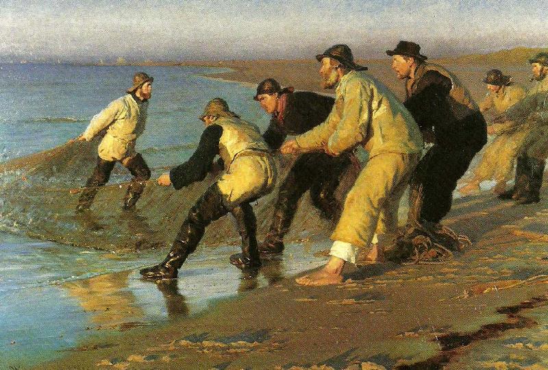 Peter Severin Kroyer fiskere traekker vod pa skagen nordstrand Sweden oil painting art